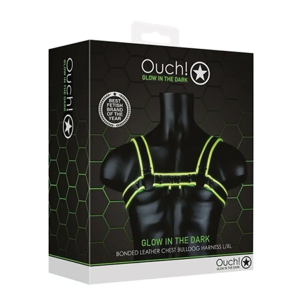 🦋B2G1🦋OUCH Glow In The Dark NEON GREEN Bonded Leather Chest Bulldog Harness L/XL